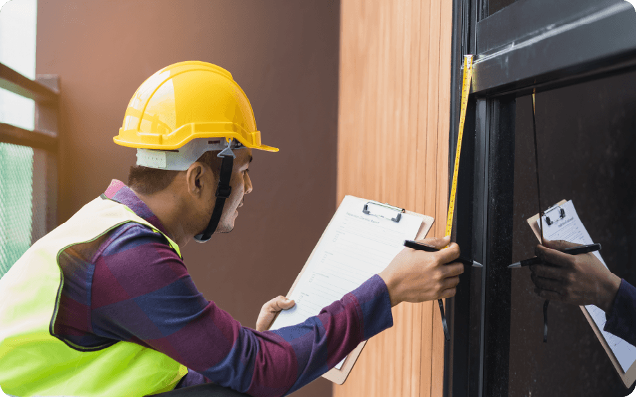 man in hard hat measuring window